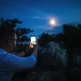 Chłopak z telefonem Samsung próbuje zrobić zdjęcie księżyca. Nocne niebo, drzewa i skały tworzą tło.
