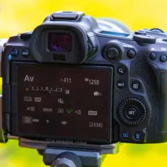 Makrofotografia aparatu z widocznym ekranem ustawień: Av, F11, ISO 1250, RAW. Tło rozmyte, żółto-zielone.