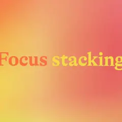 Napis "Focus stacking" na tle gradientu od pomarańczowego do różowego. Technika ta pozwala uzyskać ostrość na całym zdjęciu.