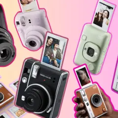 Kolekcja aparatów Instax, z których wychodzą zdjęcia, prezentuje radość natychmiastowej fotografii.