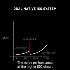 Wykres pokazuje, jak system Dual Native ISO w aparacie wpływa na szumy. Przy niskim ISO szumy są minimalne, a po przekroczeniu punktu przełączania, przy wyższym ISO, szumy rosną.