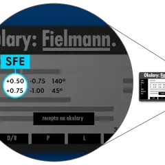 Recepta na okulary z wartościami sferycznymi (dioptria) +0.50 i +0.75, cylindrycznymi -0.75 i -1.00 oraz osiami 140° i 45°.