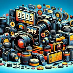 Stos aparatów i obiektywów, z cyfrowymi wyświetlaczami pokazującymi liczby, jak 3925 i 349. Wśród nich widoczne są marki Sony, Canon, Nikon. To prawdziwe eosinfo dla miłośników fotografii.