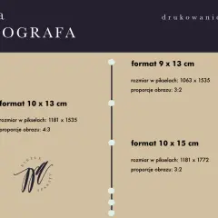 Poradnik "ściąga FOTOGRAFA" pokazuje, jak wydrukować zdjęcie z telefonu, podając formaty 9x13, 10x13 i 10x15 cm wraz z wymiarami w pikselach.