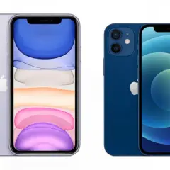 Dwa telefony iPhone: fioletowy iPhone 11 z podwójnym aparatem i niebieski iPhone 12 z podwójnym aparatem.