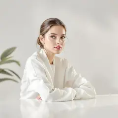 Młoda kobieta w białej marynarce siedzi przy stole. Scena jest oświetlona w stylu **high key**, tworząc jasną i eteryczną atmosferę.