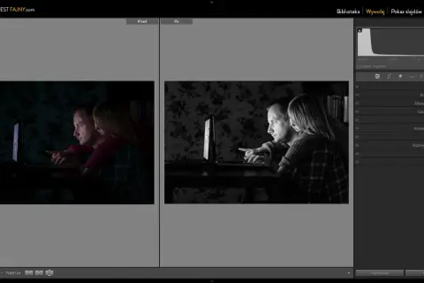Ojciec z córką oglądają coś na laptopie. Po lewej stronie surowe zdjęcia, po prawej po edycji w czerni i bieli.