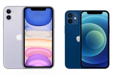 Dwa telefony iPhone: fioletowy iPhone 11 z podwójnym aparatem i niebieski iPhone 12 z podwójnym aparatem.