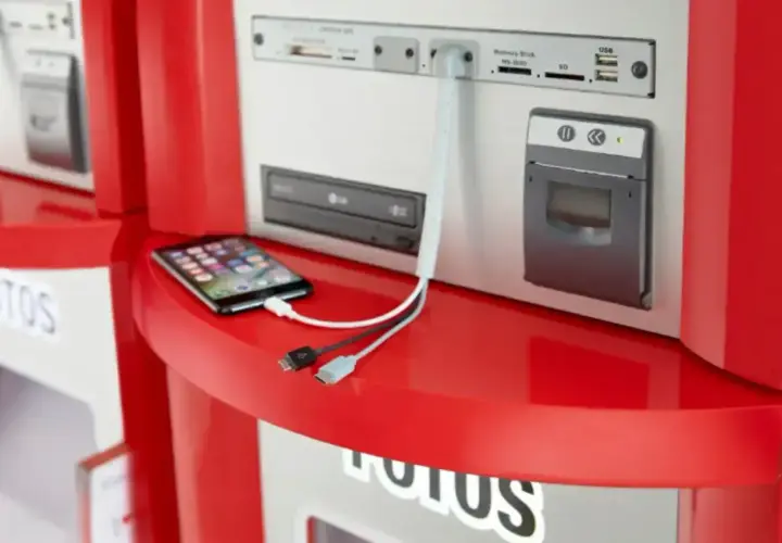 Telefon ładuje się przy kiosku z fotousługami. To jak cewe Rossmann, tylko z opcją szybkiego ładowania.