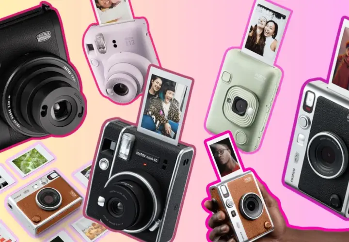 Kolekcja aparatów Instax, z których wychodzą zdjęcia, prezentuje radość natychmiastowej fotografii.