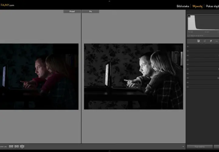 Ojciec z córką oglądają coś na laptopie. Po lewej stronie surowe zdjęcia, po prawej po edycji w czerni i bieli.