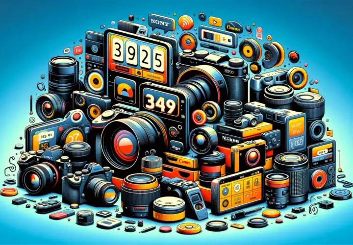 Stos aparatów i obiektywów, z cyfrowymi wyświetlaczami pokazującymi liczby, jak 3925 i 349. Wśród nich widoczne są marki Sony, Canon, Nikon. To prawdziwe eosinfo dla miłośników fotografii.