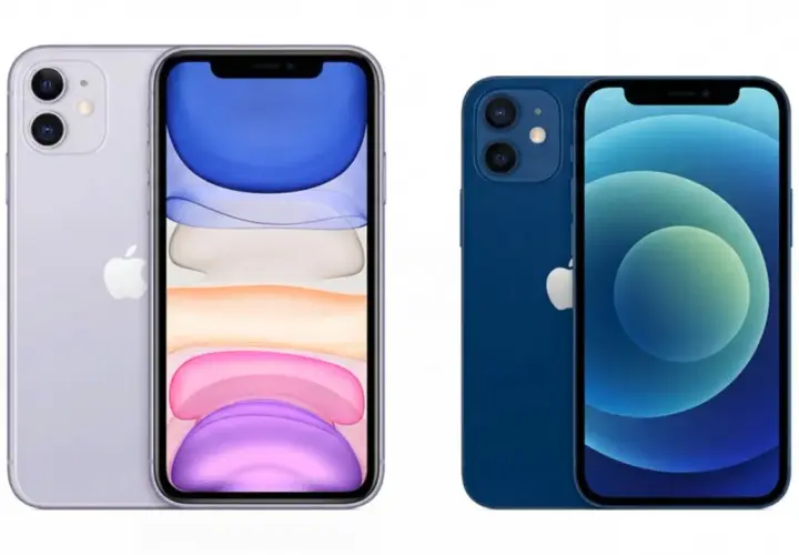 Dwa telefony iPhone: fioletowy iPhone 11 z podwójnym aparatem i niebieski iPhone 12 z podwójnym aparatem.
