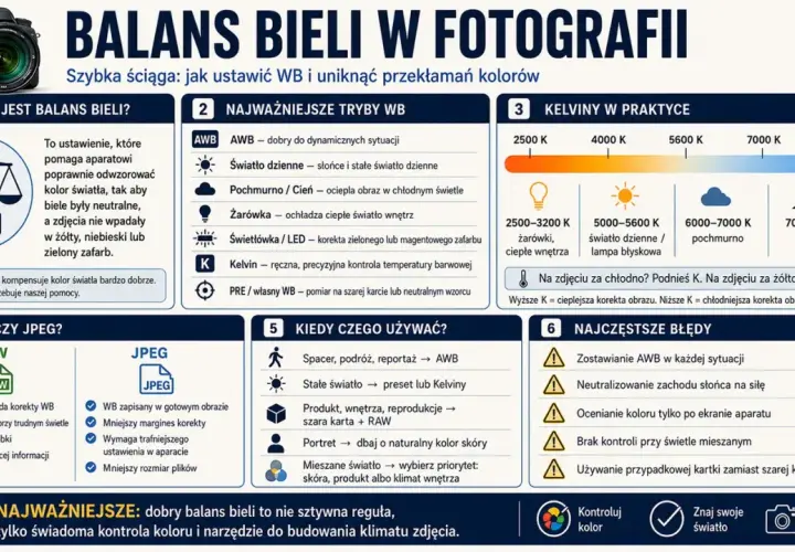 Poradnik o balansie bieli: od ustawień aparatu po korektę barw. Poznaj różne tryby WB, zastosowanie Kelwinów i unikaj błędów, by uzyskać naturalne barwy ciepłe i zimne.