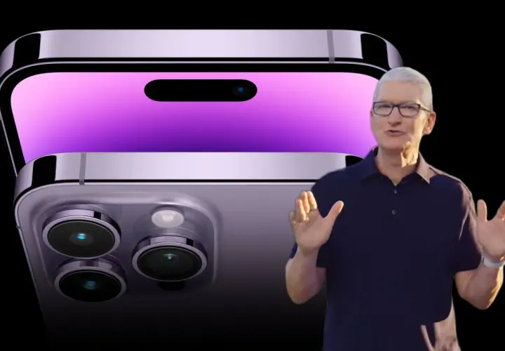 Tim Cook obok fioletowego iPhone'a 14 z widocznym modułem aparatów.