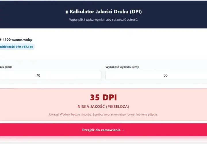 Kalkulator jakości druku DPI pomaga określić, jak wydrukować zdjęcie. Wpisz wymiary, aby sprawdzić ostrość wydruku.