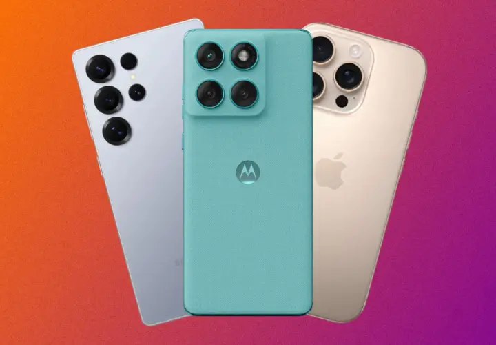 Trzy smartfony: Samsung, Motorola i iPhone, prezentują ranking najlepszych telefonów.