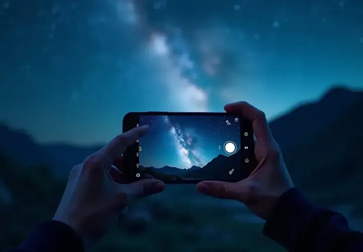 Ręce trzymają smartfon, na którym widać Drogę Mleczną. Dowiedz się, jak zrobić zdjęcie gwiazd telefonem.