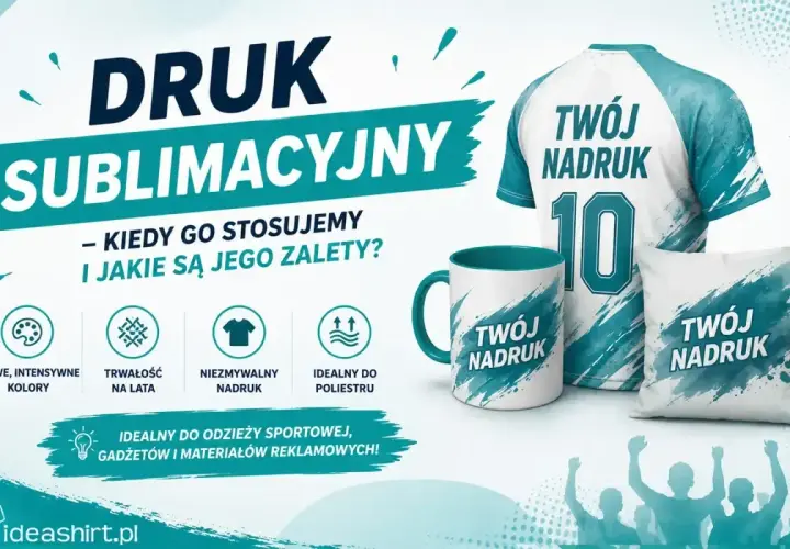 Druk termosublimacyjny na koszulce, kubku i poduszce. Żywe kolory, trwałość i idealny nadruk na poliestrze.