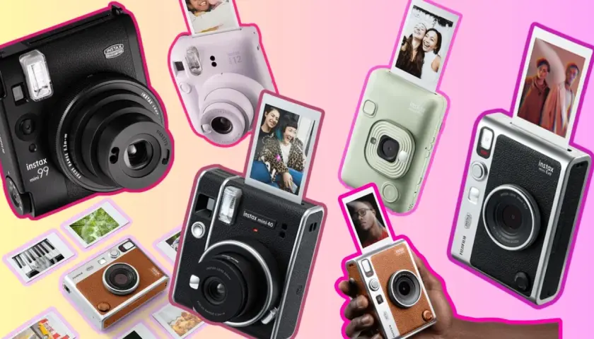 Kolekcja aparatów Instax, z których wychodzą zdjęcia, prezentuje radość natychmiastowej fotografii.