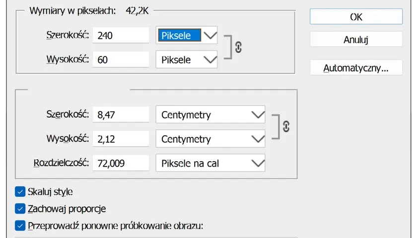 Okno "Rozmiar obrazu" pokazuje, co to piksel: 240x60 pikseli, 8,47x2,12 cm, 72 DPI.