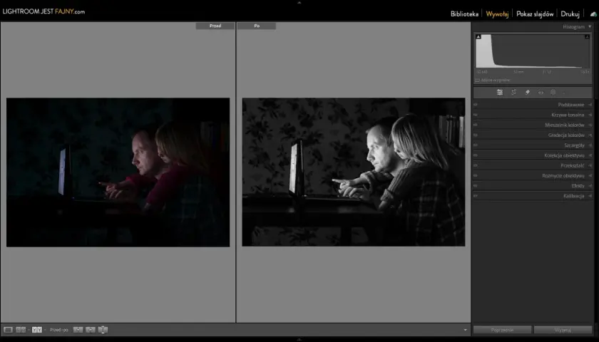 Ojciec z córką oglądają coś na laptopie. Po lewej stronie surowe zdjęcia, po prawej po edycji w czerni i bieli.