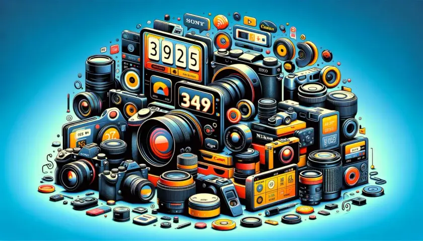 Stos aparatów i obiektywów, z cyfrowymi wyświetlaczami pokazującymi liczby, jak 3925 i 349. Wśród nich widoczne są marki Sony, Canon, Nikon. To prawdziwe eosinfo dla miłośników fotografii.