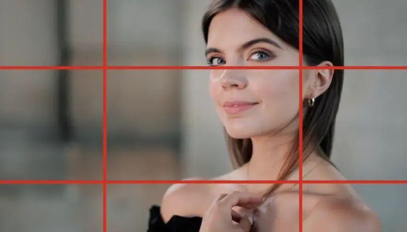 Uśmiechnięta kobieta z niebieskimi oczami, jej twarz znajduje się na przecięciu linii w trójpodział fotografia.
