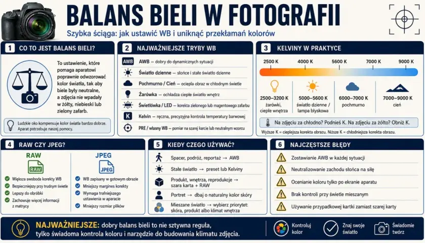 Poradnik o balansie bieli: od ustawień aparatu po korektę barw. Poznaj różne tryby WB, zastosowanie Kelwinów i unikaj błędów, by uzyskać naturalne barwy ciepłe i zimne.