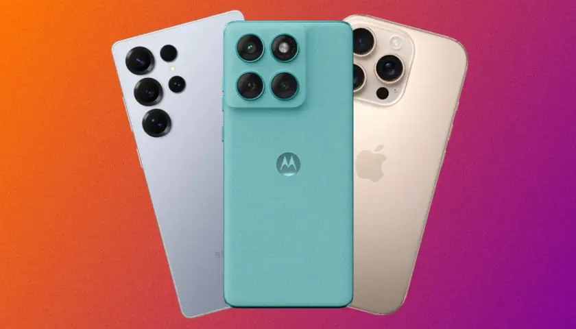 Trzy smartfony: Samsung, Motorola i iPhone, prezentują ranking najlepszych telefonów.