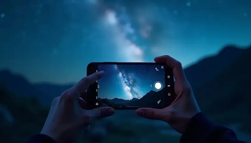 Ręce trzymają smartfon, na którym widać Drogę Mleczną. Dowiedz się, jak zrobić zdjęcie gwiazd telefonem.