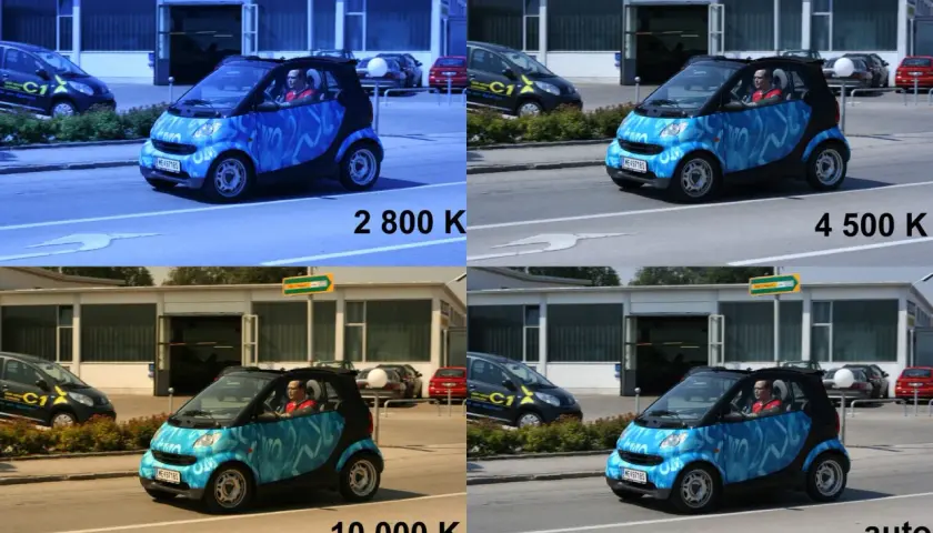 Cztery ujęcia tego samego niebieskiego smarta pokazują, jak zmienia się balans bieli. Od niebieskiego przy 2800 K, przez naturalne przy 4500 K i auto, do żółtego przy 10000 K.
