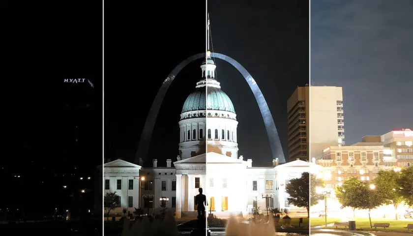 Cztery ujęcia Gateway Arch i otoczenia w St. Louis, pokazujące efekt bracketingu. Od ciemnego do jasnego, z widocznymi detalami budynków i nieba.