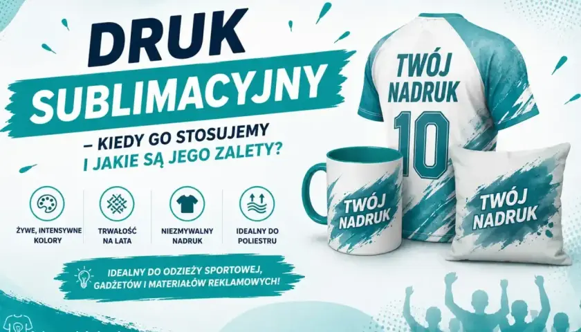 Druk termosublimacyjny na koszulce, kubku i poduszce. Żywe kolory, trwałość i idealny nadruk na poliestrze.