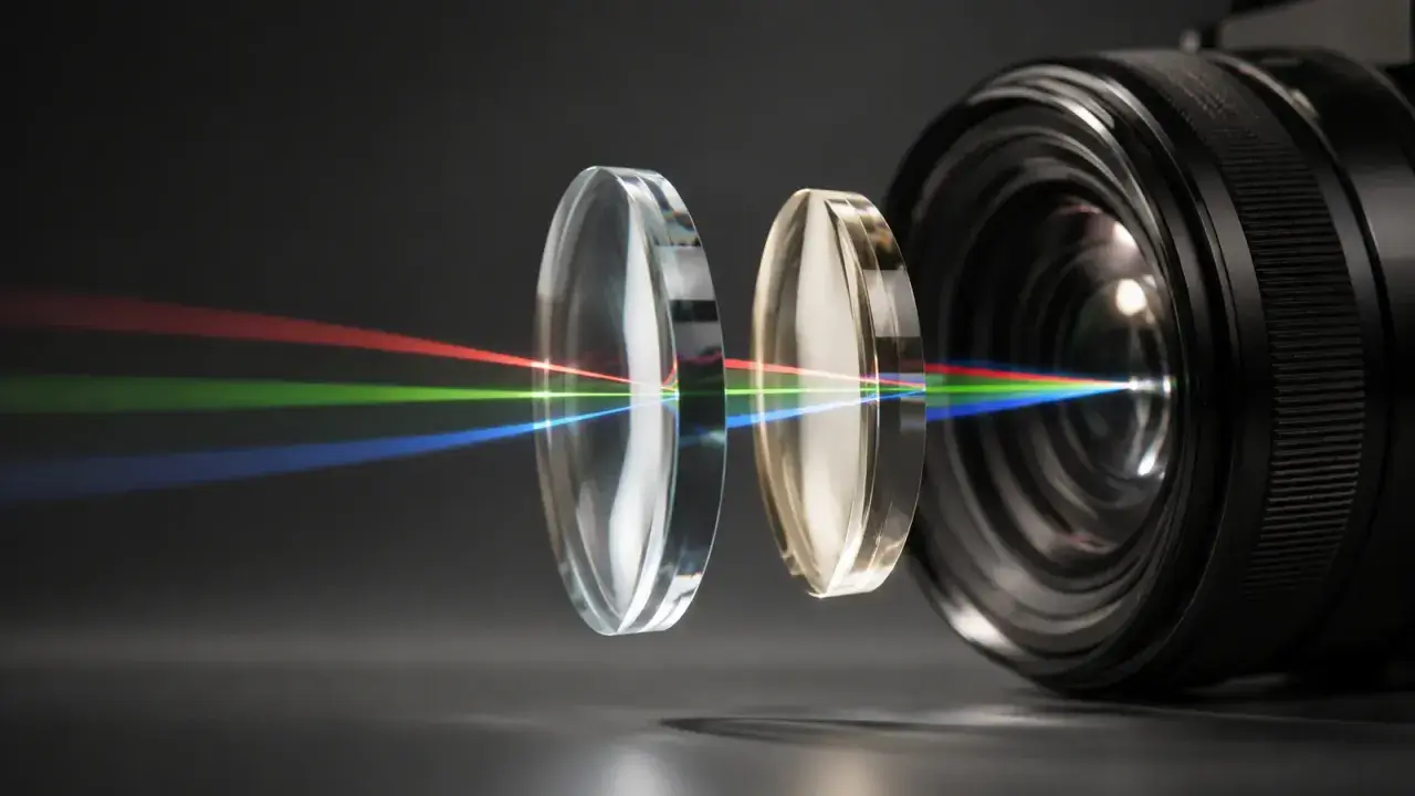 Światło RGB przechodzi przez soczewki, tworząc efekt achromatu.