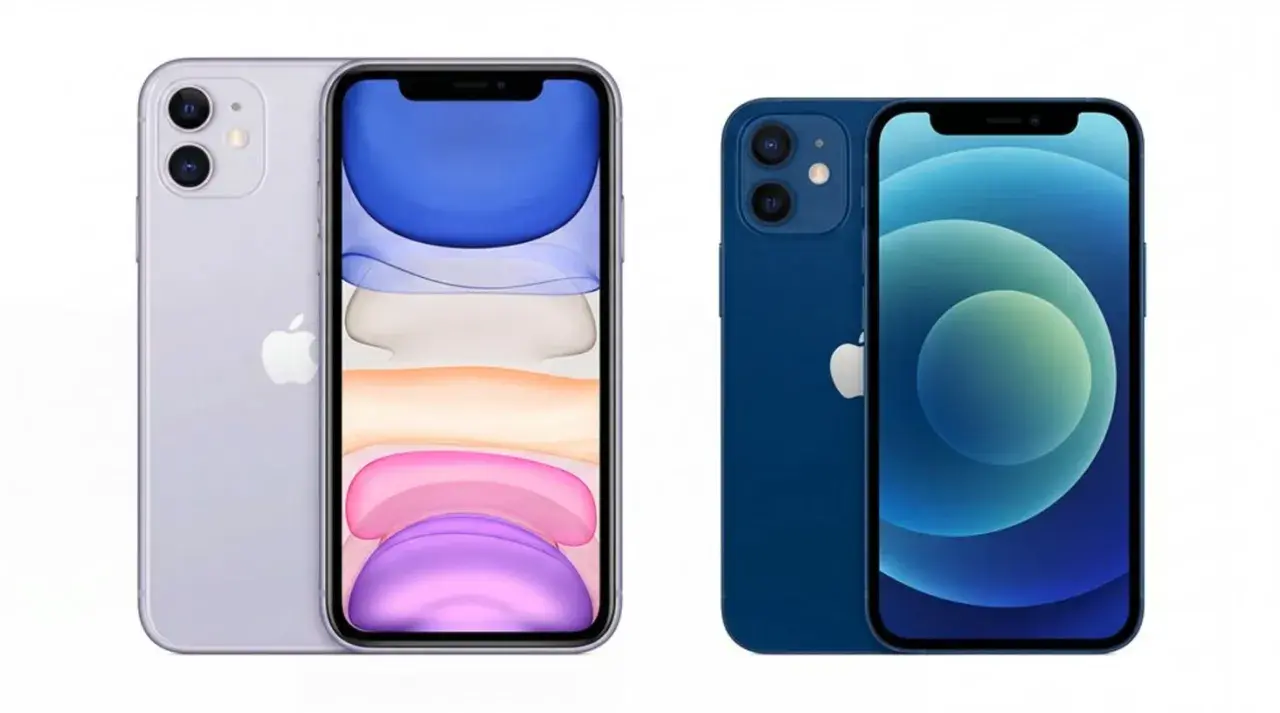 Dwa telefony iPhone: fioletowy iPhone 11 z podwójnym aparatem i niebieski iPhone 12 z podwójnym aparatem.