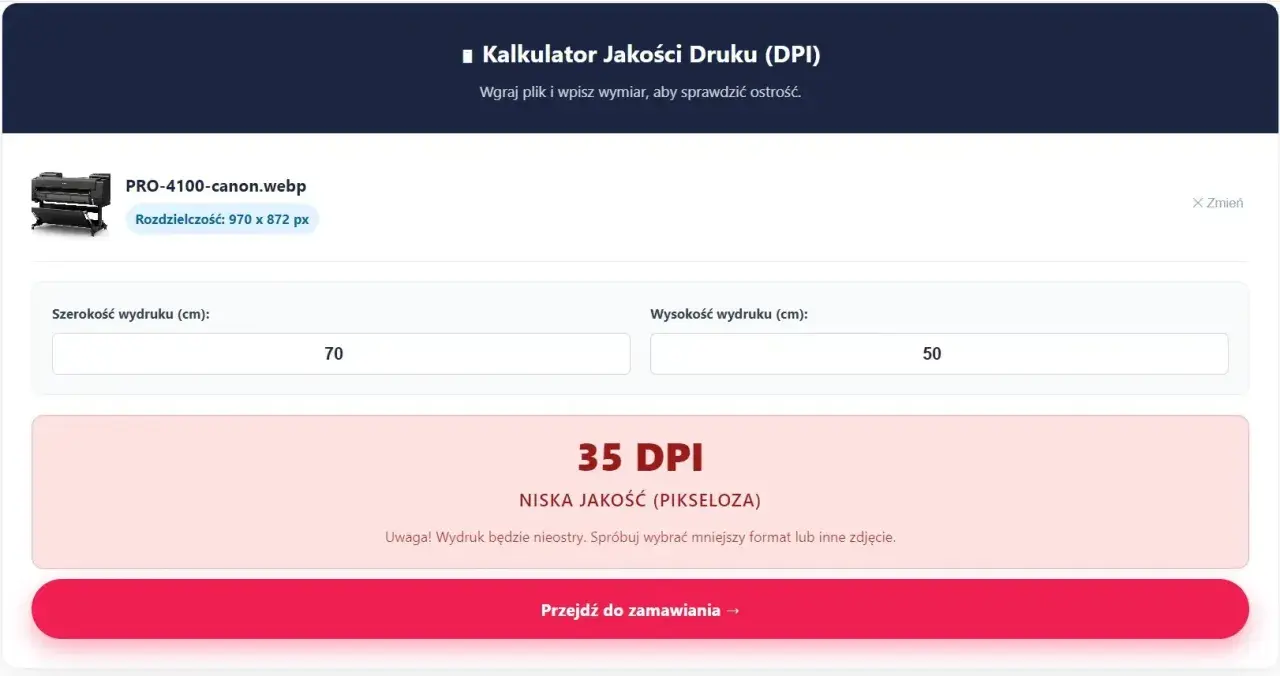 Kalkulator jakości druku DPI pomaga określić, jak wydrukować zdjęcie. Wpisz wymiary, aby sprawdzić ostrość wydruku.
