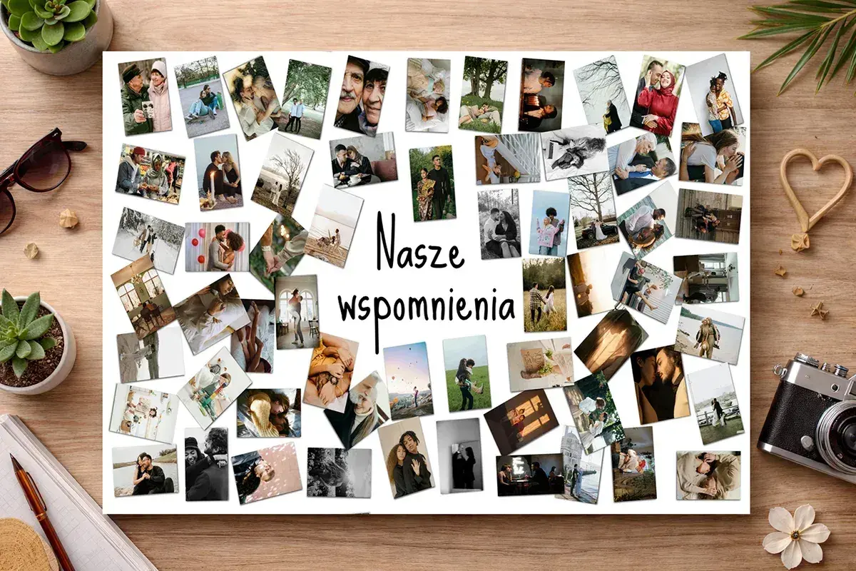 Kolaż zdjęć z napisami "Nasze wspomnienia" w jakości HD. Widoczne pary, rodziny i chwile uchwycone w pięknych kadrach.