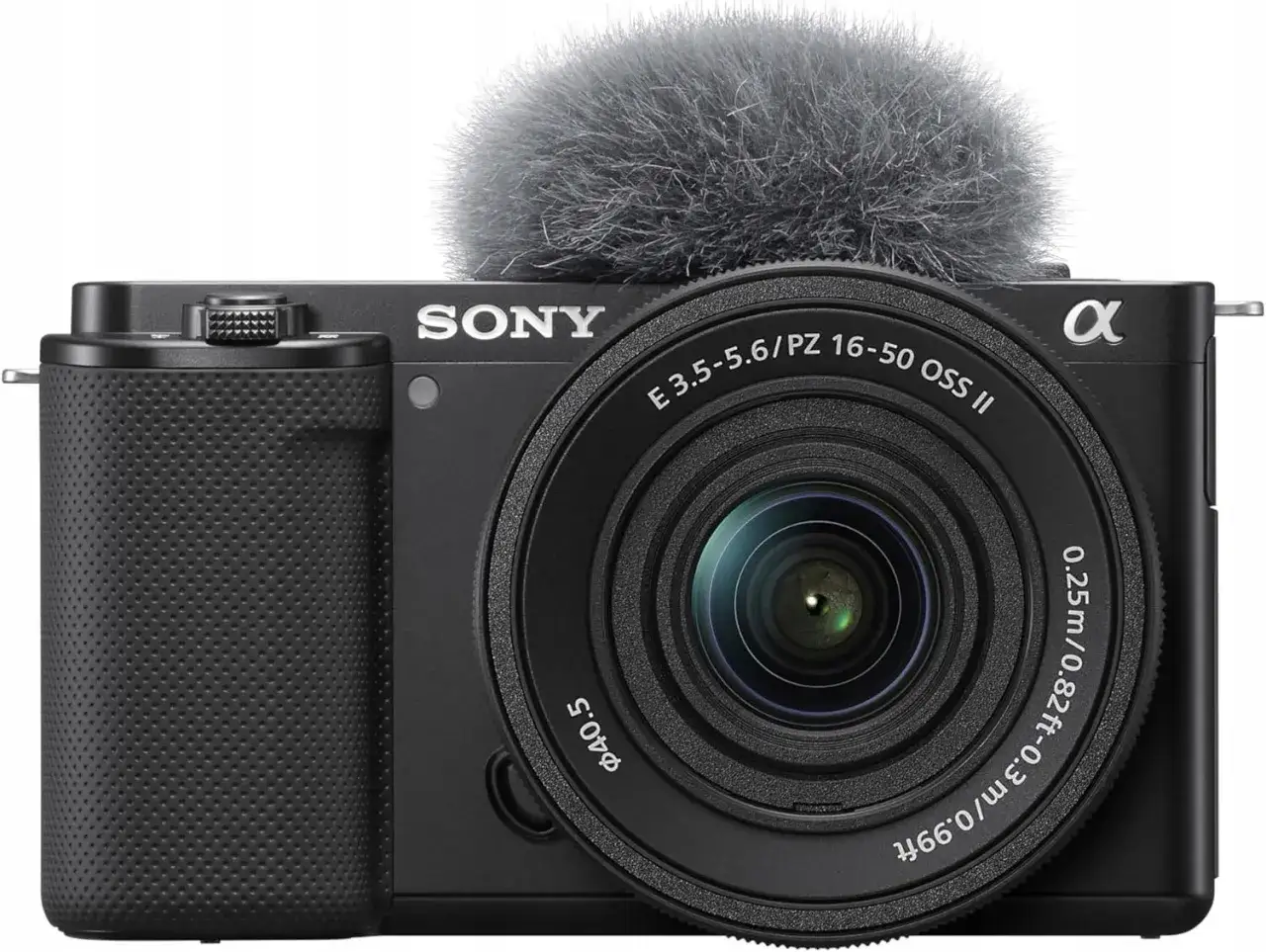 Czarny aparat Sony z mikrofonem na gorącej stopce. Idealny, jaki aparat na początek przygody z fotografią i filmowaniem.