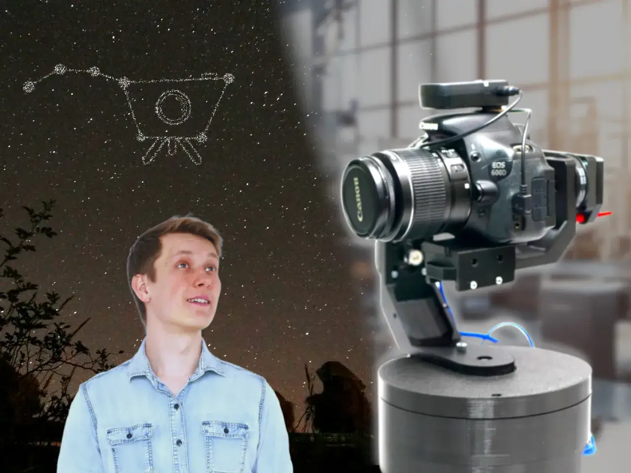 Młody mężczyzna patrzy w nocne niebo, gdzie widnieje rysunek teleskopu. Obok niego profesjonalny sprzęt do astrografii.