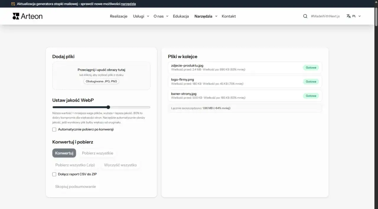 Konwersja plików JPG i PNG do formatu WebP. Narzędzie Arteon pozwala na optymalizację rozmiaru plików, np. plik tiff.