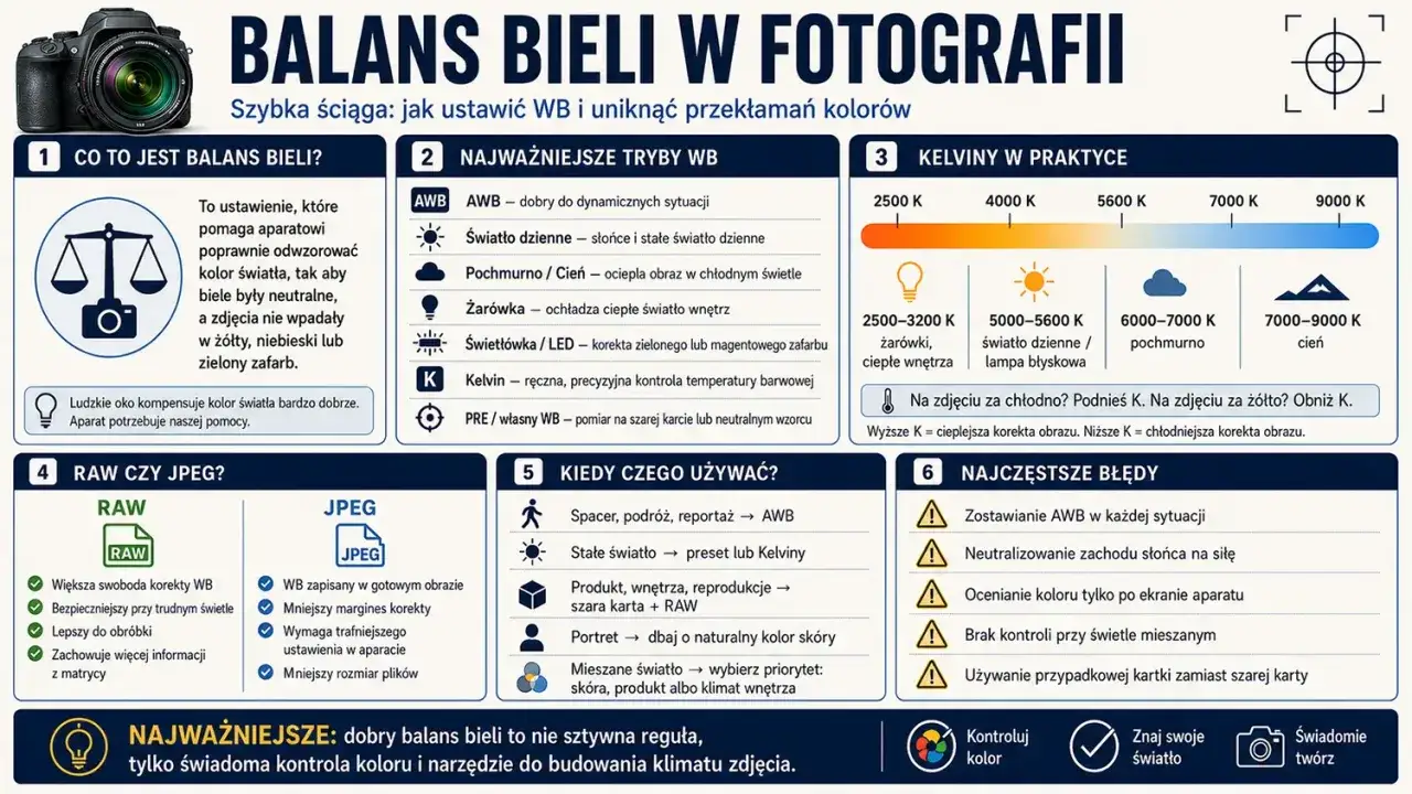 Infografika o balansie bieli w fotografii. Wyjaśnia, jak ustawić WB, by uniknąć przekłamań kolorów, omawia tryby, kelwiny i najczęstsze błędy.