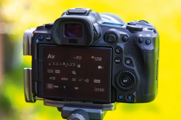 Makrofotografia aparatu z widocznym ekranem ustawień: Av, F11, ISO 1250, RAW. Tło rozmyte, żółto-zielone.