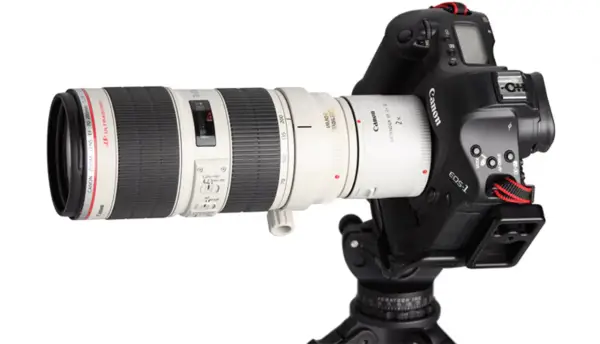 Profesjonalny zestaw Canon z telekonwerterem 2x, obiektywem EF 70-200mm i aparatem EOS-1 na statywie.